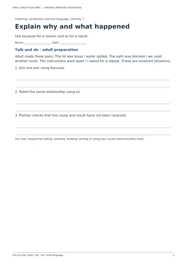 Actual first activity page of Explain why and what happened