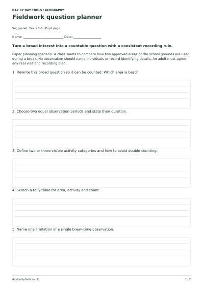 Activity page from Fieldwork question planner
