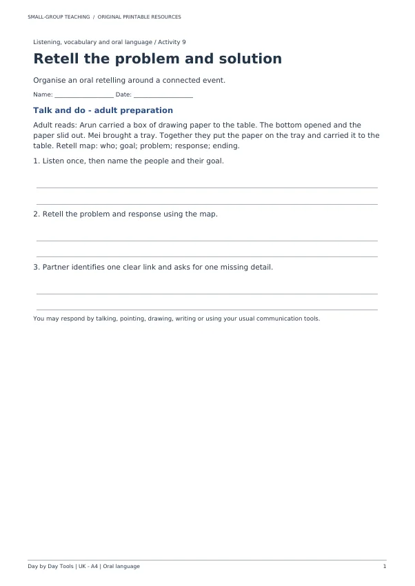 Actual first activity page of Retell the problem and solution